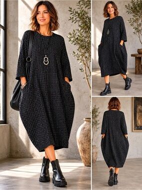 BUYKUD Oversized Cocoon Midi Dress Geometric Print Lagenlook Artsy OS